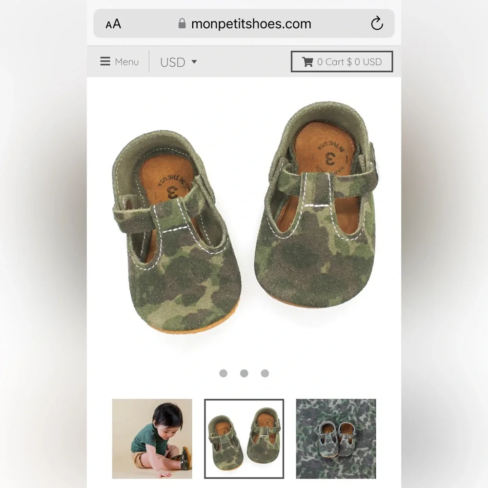 Mon Petit CAMO Camouflage Size 6 T-Strap‎ MPs Leather Baby Handmade Shoes